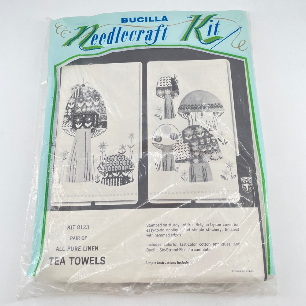 Vintage Bucilla 8123 Mushroom Tea Towel Needlecraft Kit Belgian Linen Applique